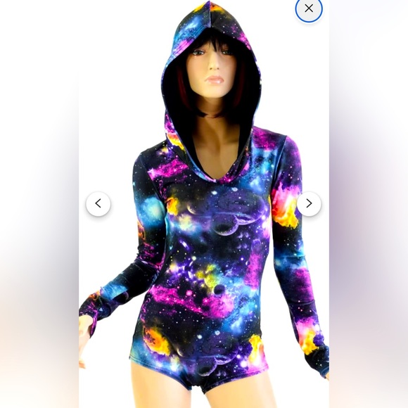 UV Glow Galaxy Print Hoodie Romper with Alien Printed Rave/Festival Fan - Picture 2 of 8